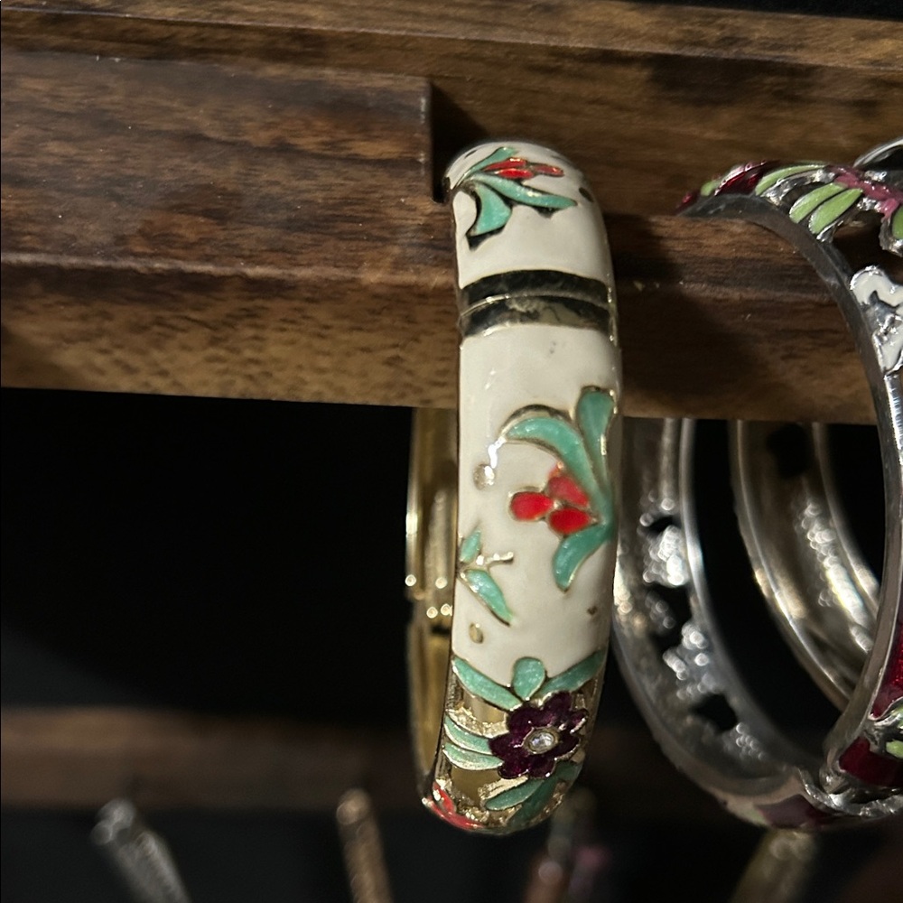 White Enamel Floral Bangle Bracelet with Multicolor Accents